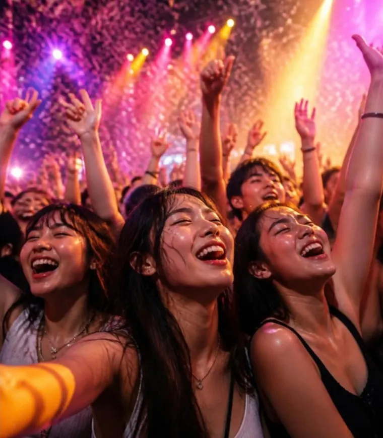 A crowd of young fans cheering at a concert under pink and purple lights