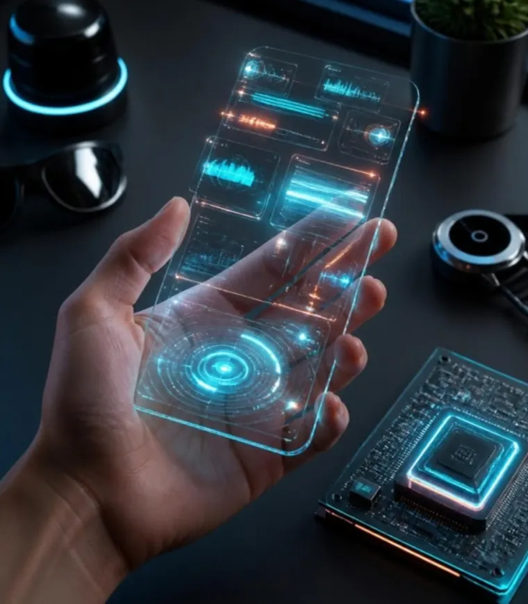 A hand holding a transparent holographic phone above a circuit board